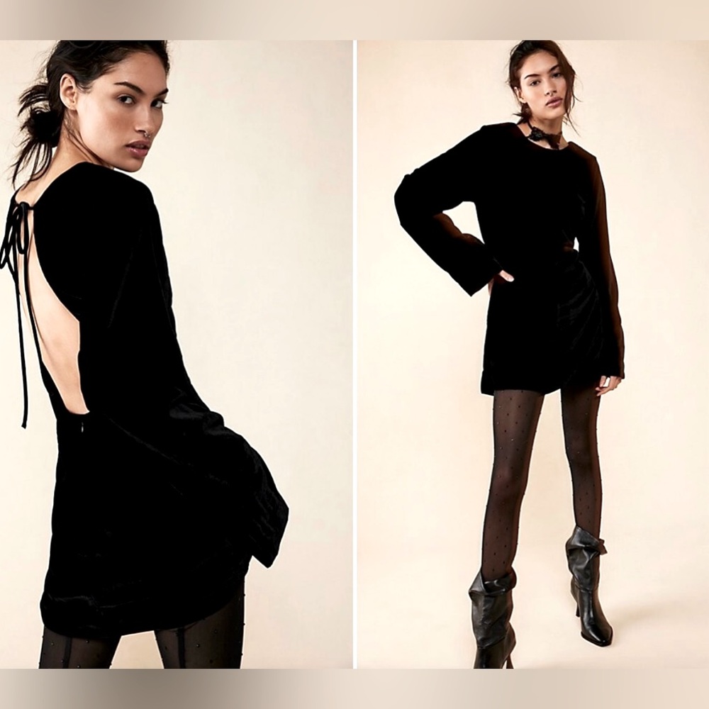 Free People Chelsey Velvet Open Back Flare Sleeves Mini NWOT Size XS Black